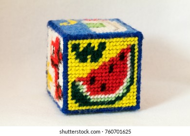 Child's Needlepoint Alphabet Block With Letter W And Image Of Watermelon. White Background.