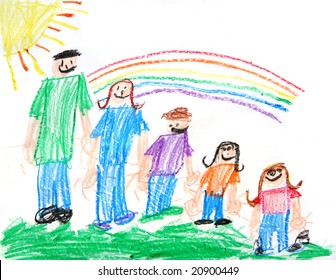 Childs Primitive Crayon Drawing of a Family of 5 People With a Sun and Rainbow - Powered by Shutterstock