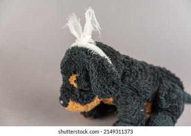 A Child's Toy With A Bandaged Head. A Black Stuffed Dog Against A Gray Background. Childhood Trauma Concept. Mental Health. Selective Focus.