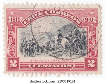 CHILE - CIRCA 1910: An Old Lake And Black 2 Centavos Postage Stamp Showing Scene Battle Of Chacabuco. Independence Centenary Issue, Dated 1810 — 1910