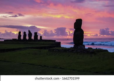 Chile Easter Island Isla de Pascua - Sunset Night View Moais Field Statues on Ahu Tahai
