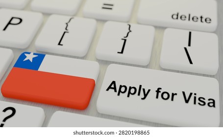 Chile flag positioned on computer keyboard beside apply for visa button illustrating passport documentation immigration approval international travel authorization border processing online registration destination access and legal entry requirements