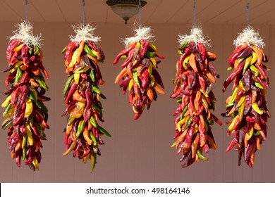 Chile Harvest In Hatch, New Mexico - Ristras Of Drying Chiles. 