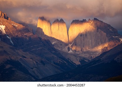 Chile, Patagonia. Sunrise On Mountains In Torres Del Paine National Park.