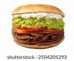 CHILEAN FOOD. Sandwich Churrasco italiano on colors of italian flag. Popular sandwich with round bread, beef, avocado guacamole, tomatoes and mayonnaise.