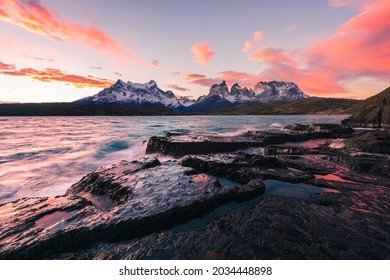 Chile's Natural Scenery, World-famous Mountain Peaks, Travel In Torres Del Paine National Park, Chile, South America. Autumn Theme.