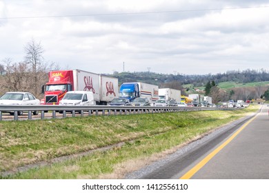 Chilhowie, USA - April 19, 2018: Truck With Red SAIA Sign On Highway 81 In Virginia Cars Standing Waiting On Spring Day In Traffic Jam