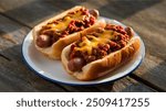 Chili Cheese Dogs: Juicy hot dogs topped with beefy chili and melted cheese, served in a soft bun. A messy, delicious indulgence.