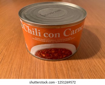 Hügli Chili Con Carne In Can Tom War Food From The Swiss Armed Forces, Switzerland - October 2018