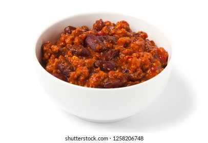 Chili Con Carne, Isolated On A White Background In A White Bowl.