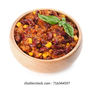 Chili Con Carne In Wooden Bowl On White Background