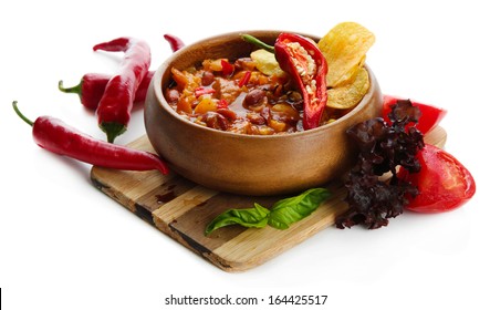 Chili Corn Carne - Traditional Mexican Food, In Wooden Bowl, On  Wooden Board, Isolated On White