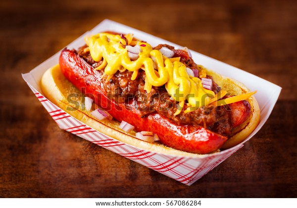 Chili Dog with Mustard and\
Red Onion