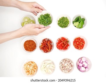 Chili, Garlic, Shallots, Dried Shrimp, Cayenne Pepper, Food Processor On A White Background