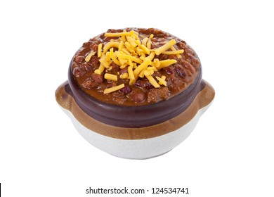 Chili With Grated Cheese Toppings On A Clay Pot