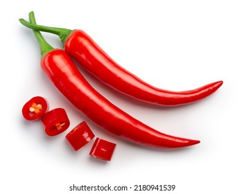Chili pepper isolated. Chilli top view on white background. Whole and cut red hot chili peppers top. With clipping path. - Shutterstock ID 2180941539