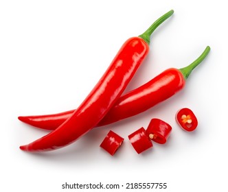 Chili pepper isolated. Chilli top view on white background. Whole and cut red hot chili peppers top. With clipping path. - Shutterstock ID 2185557755