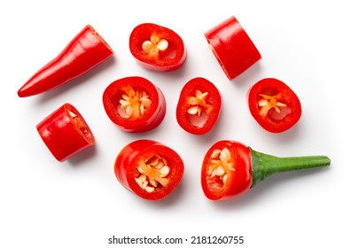 Chili pepper slice isolated. Chilli top view on white background.Cut red hot chili peppers top. With clipping path.