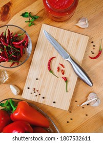 Chili Peppers On A Cutting Board - Hot Sauce Making Process