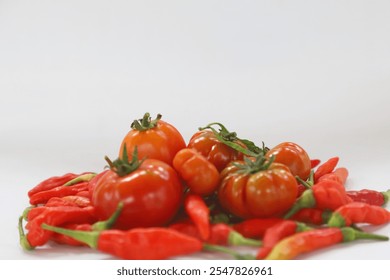 Chili peppers and tomatoes for healthy people, vegan or vegetarian, or for content creation like social media feed, marketing and ads, articles, and news. Isolated images on a white background. - Powered by Shutterstock