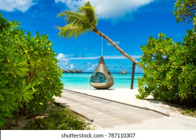 Chill Lounge Zone On The Sandy Beach, Maldives Island 