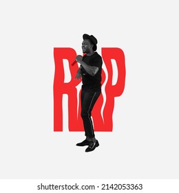 Chill out. Collage. Stylish african man singing, giving rap concert isolated over light gray background. Music lifestyle. Concept of art, creativity, fashion, emotions, party, fun, youth