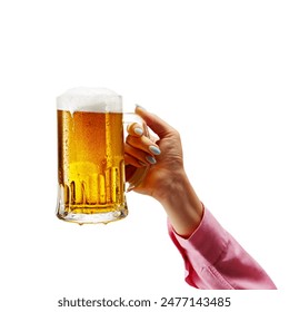 Chill and Refresh. Female hand holding frothy drink, lager foamy beer isolated on white background. Concept of alcohol, Oktoberfest, drinks, holidays and festivals. Copy space for ad. - Powered by Shutterstock