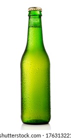 Chilled Isolated Green Beer Bottle With Condensation Drops