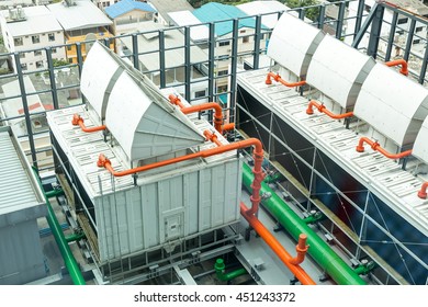  Chiller. Sets Of Cooling Towers In Data Center Building.