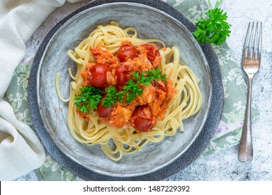 Chilli Crab Cherry Tomato Linguine Pasta Stock Photo 1487229392