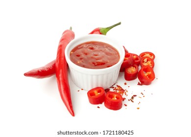 Chilli Pepper And Bowl Of Sauce Isolated On White Background