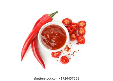 Chilli Pepper And Bowl Of Sauce Isolated On White Background