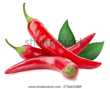 Chilli pepper with leaf. Chili pepper with clipping path isolated on a white background. Full depth of field