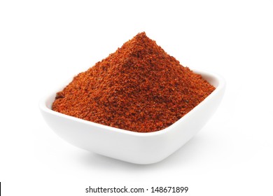 Chilli Powder On White Bowl Isolated On White Background In Full-frame. 