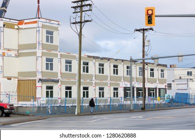 CHILLIWACK, BC/Canada - January 10, 2019: Wide View Of Prefabricated Modular Portables That Will Provide Temporary Shelter For Homeless People In Chilliwack, Canada As Seen On January 10, 2019.