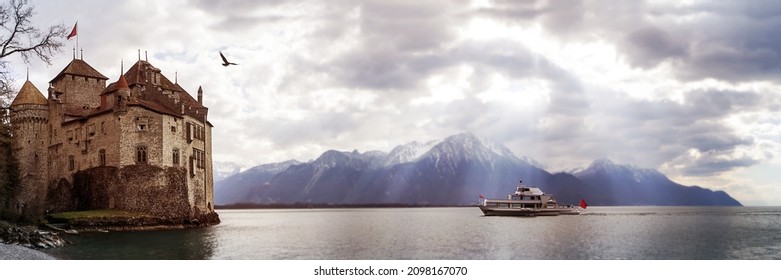 Chillon Castle attraction, Switzerland. Montreaux, Lake Geneve; The Castle, bird, boat on the lake with natural panorama and mountains in the background