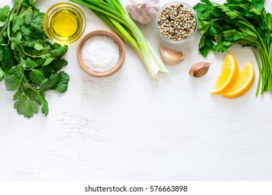 Chimichurri Sauce Basic Ingredients, View From Above, Flat Lay, Blank Space For A Text