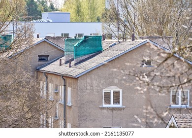 Chimney In Poor Condition Covered By Green Protection Safety Net