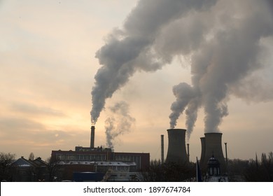 The Chimney Of A Thermal Power Plant, The Smoke Extracted By A Thermal Power Plant On The Chimney, In The Production Process. Environment. Pollution.
