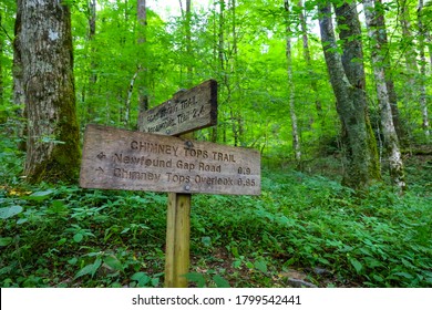 Chimney Tops Trail Sign In Great Smoky Mountains