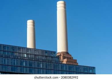 Chimneys Of Battersea Power Station Against Blue Sky, London, UK