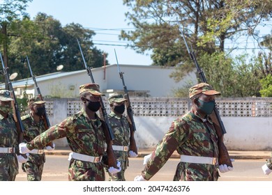 Chimoio, Mozambique - September 25, 2021: Army Marching With Bayonets