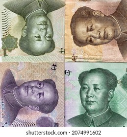 China -2021: Four Portraits Of Chairman Mao Zedong, Leader Of Chinese Communist Party On Four Yuan Bills.  The Renminbi (yuan) Is The Official Currency Of The People's Republic Of China. 