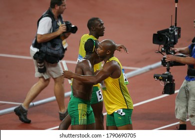 China Beijing August 2008 Summer Olympic Games: Bolt, Powell, Carter Men's 4 X 100m Joy Team Consisting Of Asafa Powell, Nesta Carter, Usain Bolt And Michael Frater Won The Gold Medal.