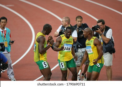 China Beijing August 2008 Summer Olympic Games: Bolt, Powell, Carter Men's 4 X 100m Joy Team Consisting Of Asafa Powell, Nesta Carter, Usain Bolt And Michael Frater Won The Gold Medal.