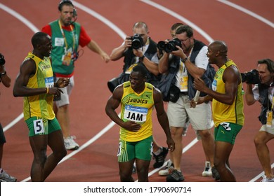 China Beijing August 2008 Summer Olympic Games: Bolt, Powell, Carter Men's 4 X 100m Joy Team Consisting Of Asafa Powell, Nesta Carter, Usain Bolt And Michael Frater Won The Gold Medal.