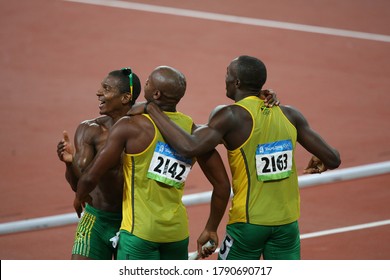 China Beijing August 2008 Summer Olympic Games: Bolt, Powell, Carter Men's 4 X 100m Joy Team Consisting Of Asafa Powell, Nesta Carter, Usain Bolt And Michael Frater Won The Gold Medal.