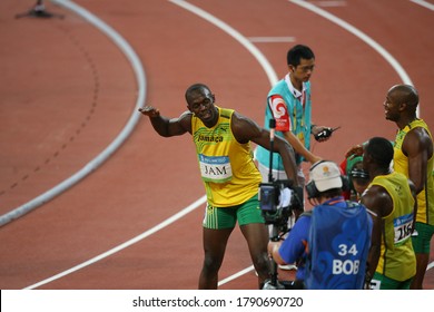 China Beijing August 2008 Summer Olympic Games: Bolt, Powell, Carter Men's 4 X 100m Joy Team Consisting Of Asafa Powell, Nesta Carter, Usain Bolt And Michael Frater Won The Gold Medal.