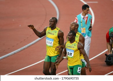 China Beijing August 2008 Summer Olympic Games: Bolt, Powell, Carter Men's 4 X 100m Joy Team Consisting Of Asafa Powell, Nesta Carter, Usain Bolt And Michael Frater Won The Gold Medal.