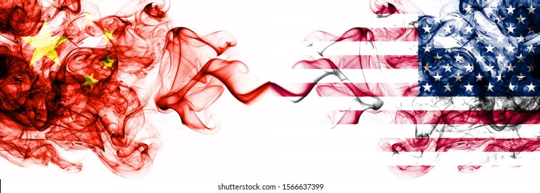 China, Chinese vs United States of America, American, USA smoky mystic states flags placed side by side. Concept and idea thick colored silky abstract smoke flags - Powered by Shutterstock